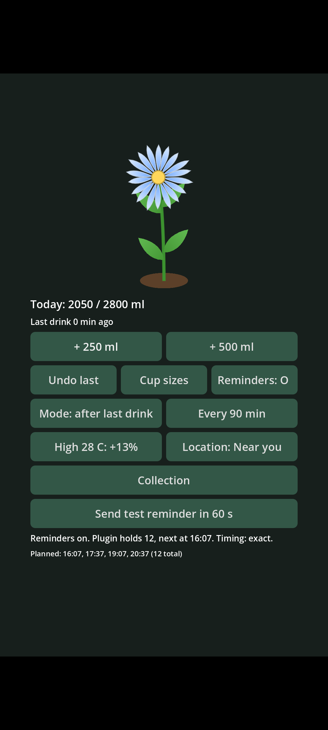 Bloomwater near the daily goal, showing a full blue daisy-type flower in bloom with reminder times listed below