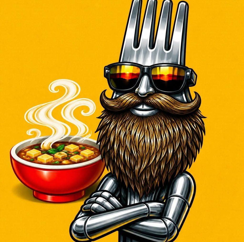 SoupFork Studios mascot: a chrome fork-headed figure with a beard and sunglasses, arms crossed beside a steaming bowl of soup