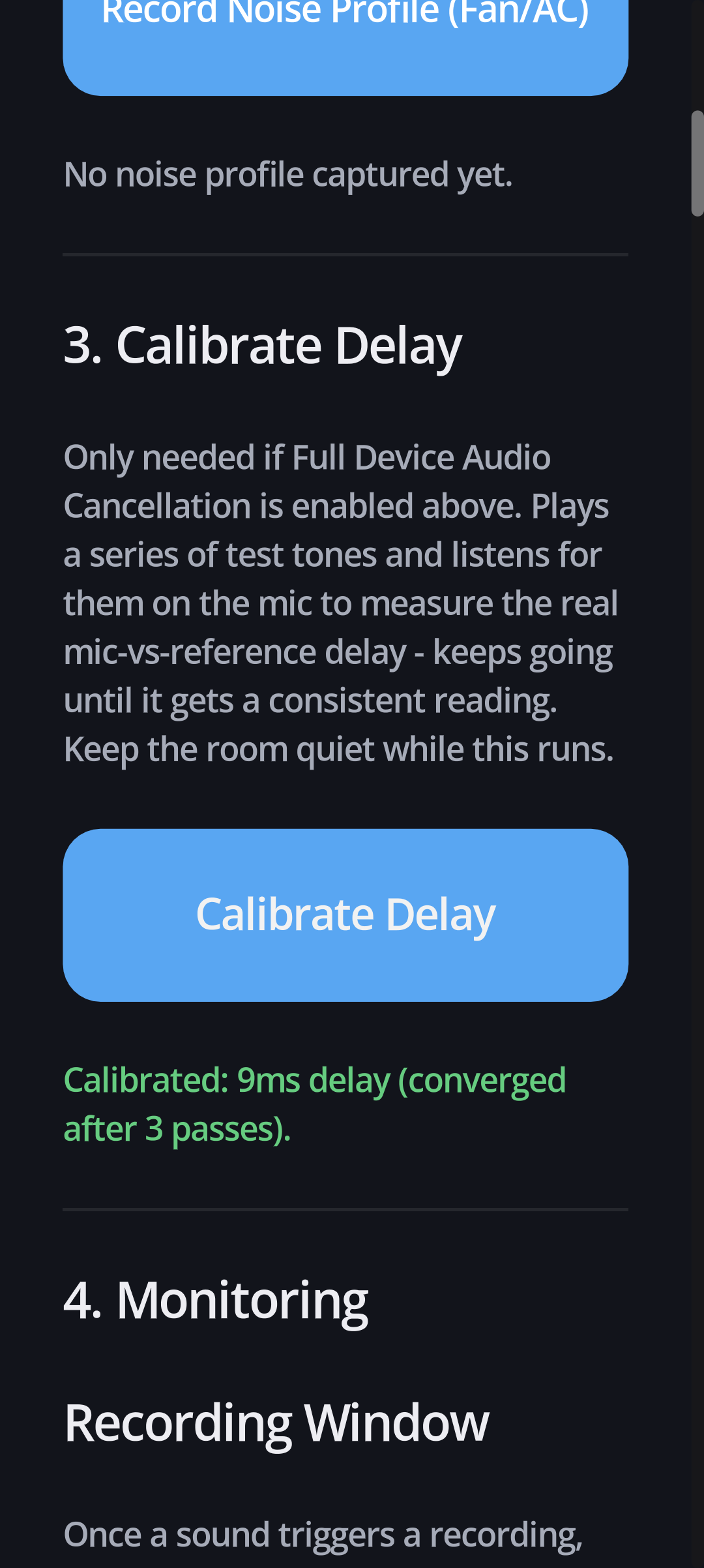 Night Monitor delay calibration for device audio cancellation