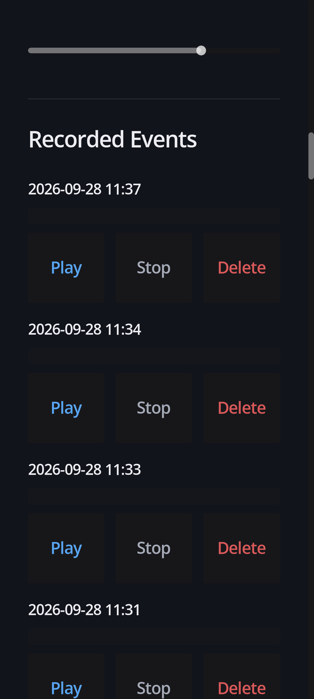 Night Monitor recorded events list with play and delete controls