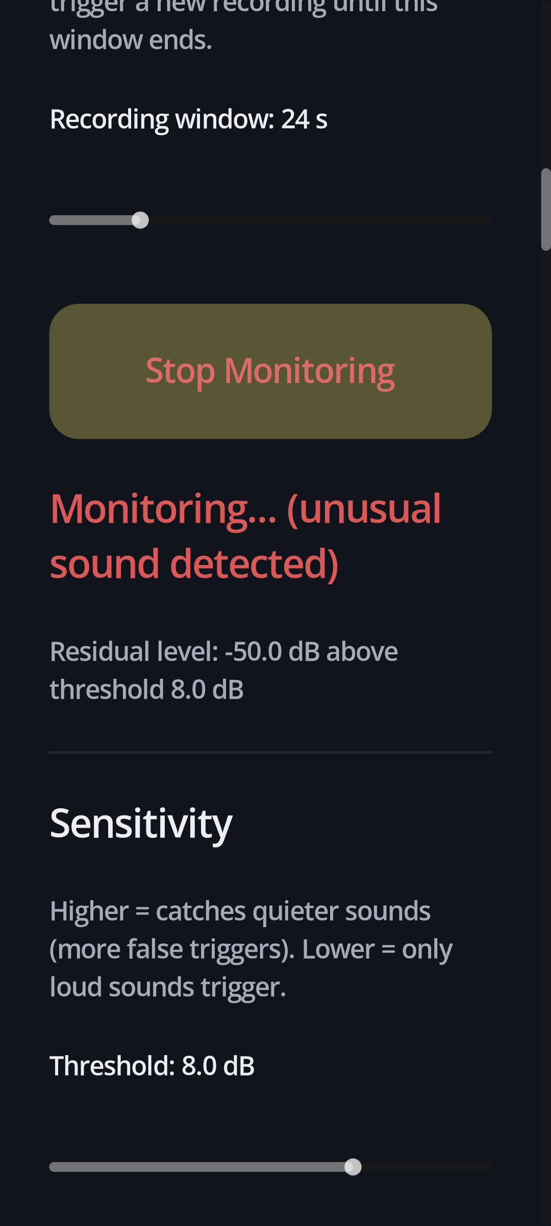 Night Monitor actively monitoring, showing an unusual sound detected
