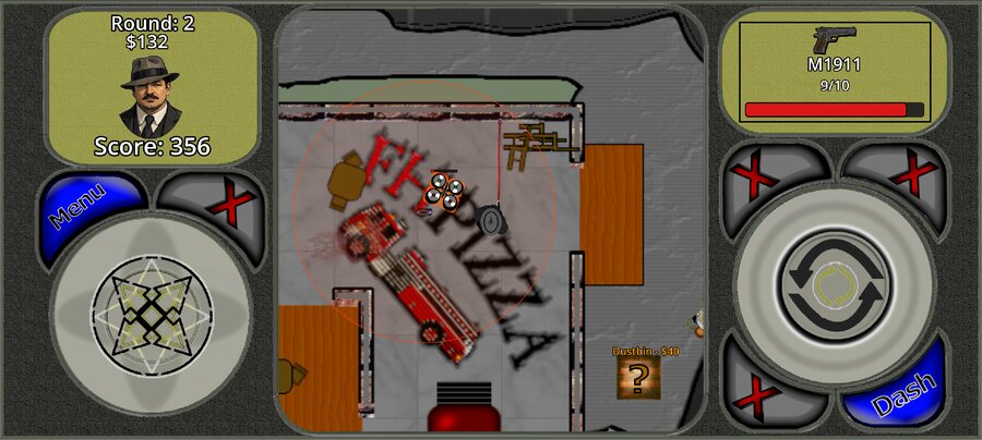 SiZ Firehouse Pizza Edition gameplay showing the FH Pizza logo on the floor