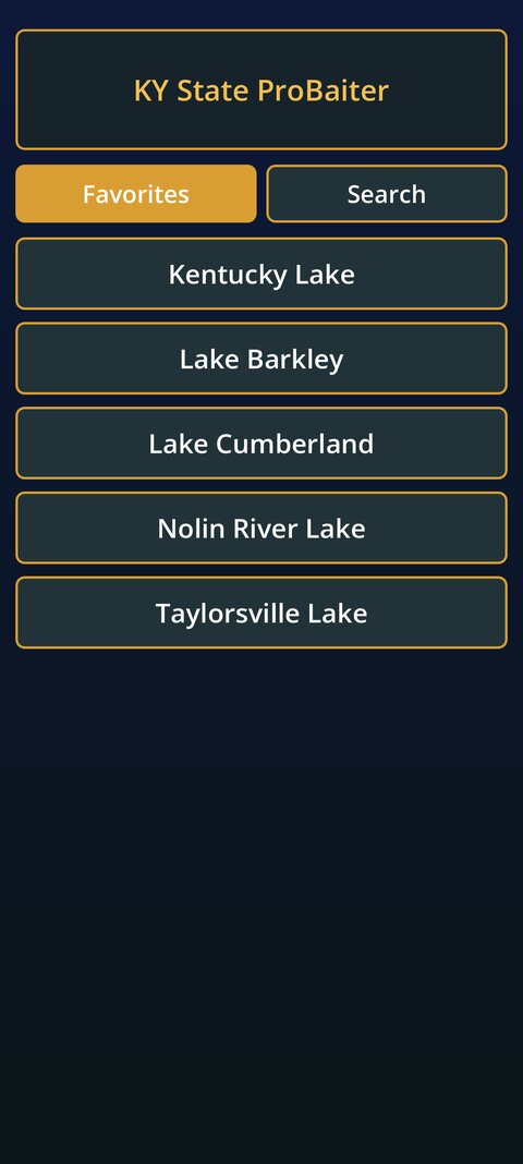 KY State ProBaiter home screen listing favorite lakes