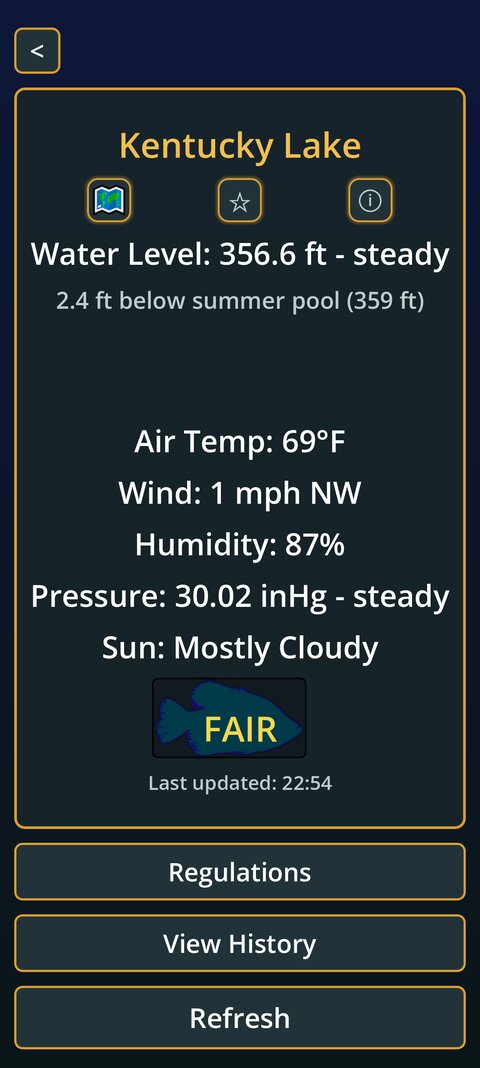 KY State ProBaiter Kentucky Lake conditions detail screen